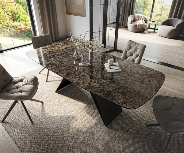 DELIFE Jedálenský stôl Edge zaoblený 180-220×100 cm keramika Emperador Extra Lucidato tmavohnedá podstava v tvare V plochá oceľ čierna rozkladací