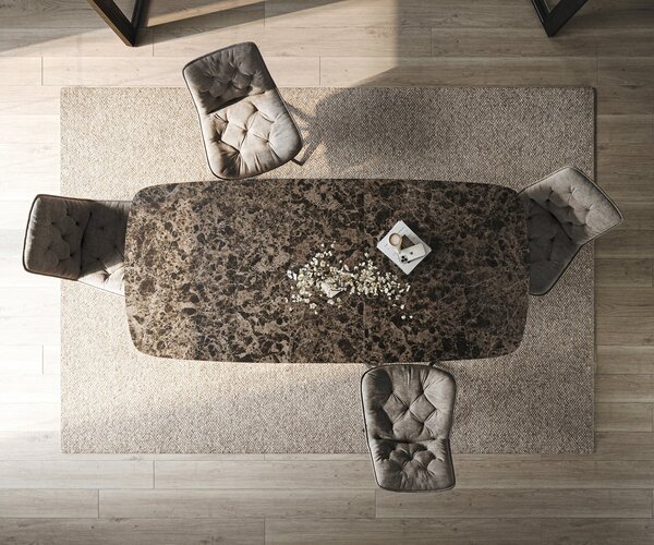 DELIFE Jedálenský stôl Edge zaoblený 180-220×100 cm keramika Emperador Extra Lucidato tmavohnedá podstava v tvare V plochá oceľ čierna rozkladací