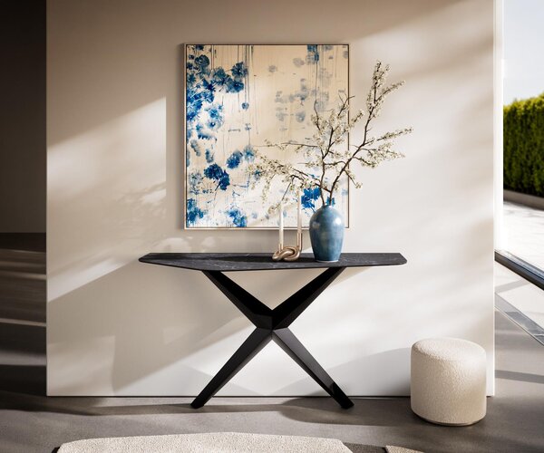 DELIFE Konzolový stolík Edge polygonálny 140×50 cm keramika Laminam® Nero Greco antracitová Zentharo kov čierna