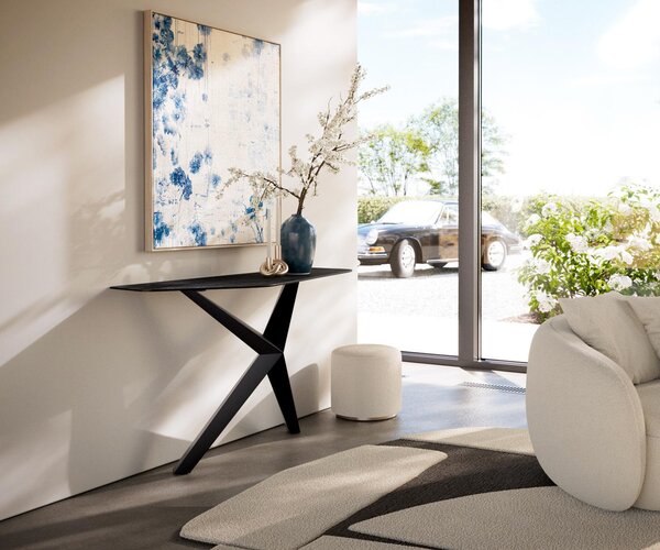 DELIFE Konzolový stolík Edge polygonálny 140×50 cm keramika Laminam® Nero Greco antracitová Zentharo kov čierna