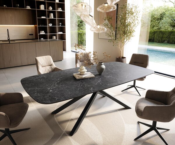 DELIFE Jedálenský stôl Edge zaoblený 240×120 cm keramika Laminam® Nero Greco antracitová krížová podstava hranatý čierna