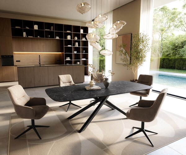DELIFE Jedálenský stôl Edge zaoblený 240×120 cm keramika Laminam® Nero Greco antracitová krížová podstava hranatý čierna