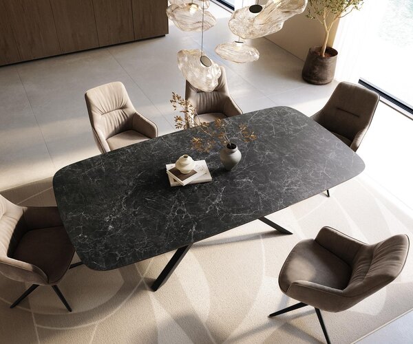 DELIFE Jedálenský stôl Edge zaoblený 240×120 cm keramika Laminam® Nero Greco antracitová krížová podstava hranatý čierna