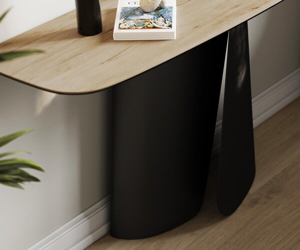 DELIFE Konzolový stolík Edge zaoblený 140×40 cm keramika Laminam® sabbia dubová farba Livos kov čierna