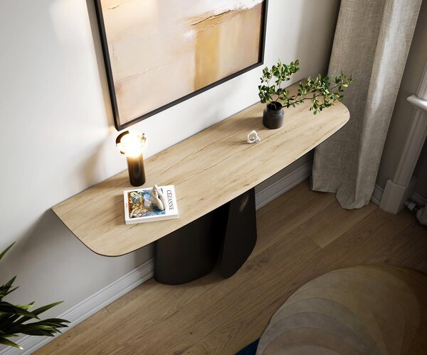 DELIFE Konzolový stolík Edge zaoblený 140×40 cm keramika Laminam® sabbia dubová farba Livos kov čierna