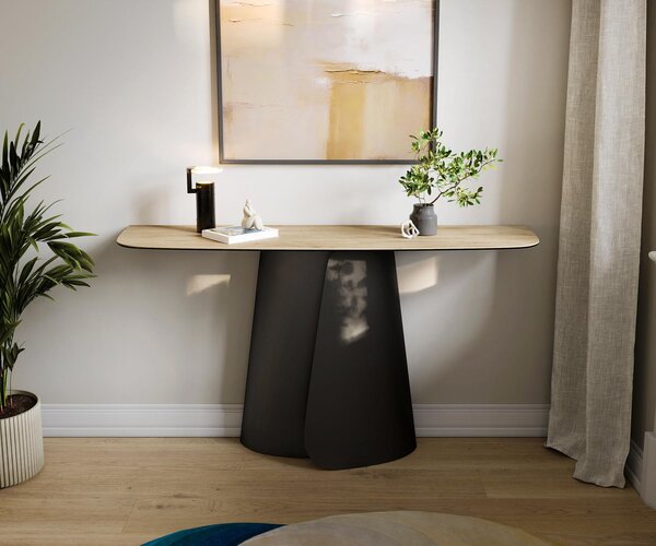 DELIFE Konzolový stolík Edge zaoblený 140×40 cm keramika Laminam® sabbia dubová farba Livos kov čierna