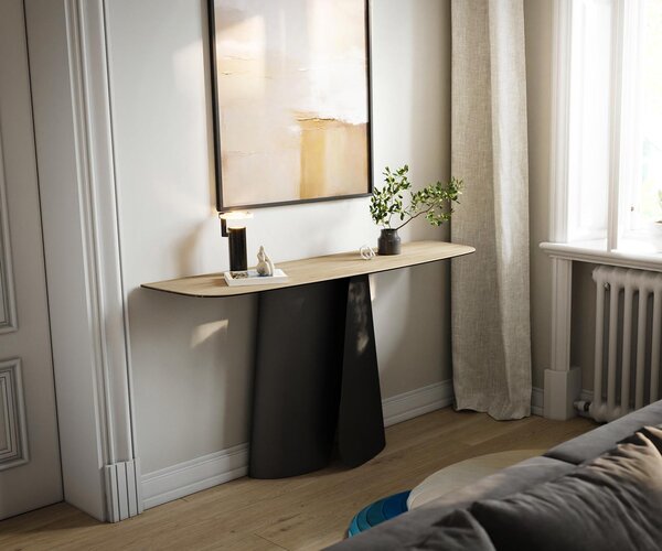 DELIFE Konzolový stolík Edge zaoblený 140×40 cm keramika Laminam® sabbia dubová farba Livos kov čierna