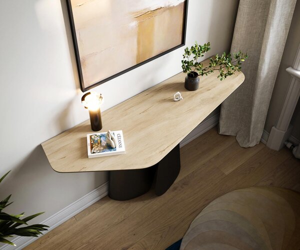 DELIFE Konzolový stolík Edge polygonálny 140×50 cm keramika Laminam® sabbia v dubovej farbe Livos kov čierna