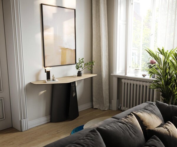 DELIFE Konzolový stolík Edge polygonálny 140×50 cm keramika Laminam® sabbia v dubovej farbe Livos kov čierna