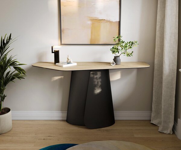 DELIFE Konzolový stolík Edge polygonálny 140×50 cm keramika Laminam® sabbia v dubovej farbe Livos kov čierna