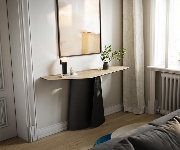 DELIFE Konzolový stolík Edge polygonálny 140×50 cm keramika Laminam® sabbia v dubovej farbe Livos kov čierna