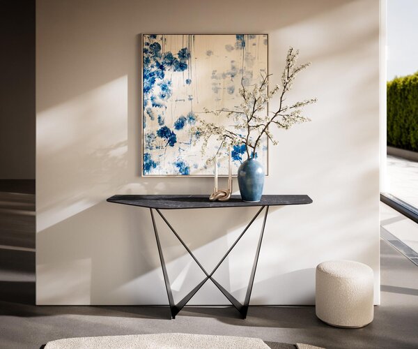 DELIFE Konzolový stolík Edge polygonálny 140×50 cm keramika Laminam® Nero Greco antracitová Spios kov čierna