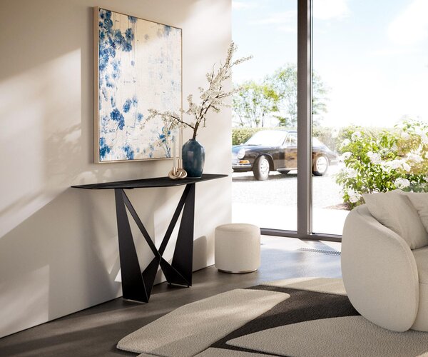 DELIFE Konzolový stolík Edge polygonálny 140×50 cm keramika Laminam® Nero Greco antracitová Spios kov čierna