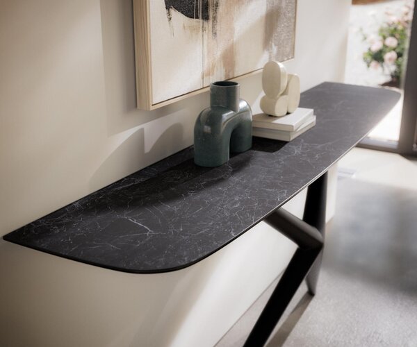 DELIFE Konzolový stolík Edge zaoblený 180×40 cm keramika Laminam® Nero Greco antracit Estelo kov čierna
