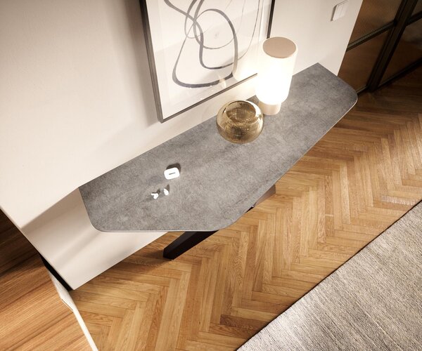 DELIFE Konzolový stolík Edge polygonálny 140×50 cm keramika betónová sivá Zentharo kov čierna