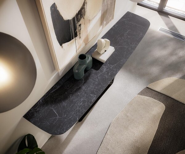 DELIFE Konzolový stolík Edge zaoblený 180×40 cm keramika Laminam® Nero Greco antracit Estelo kov čierna