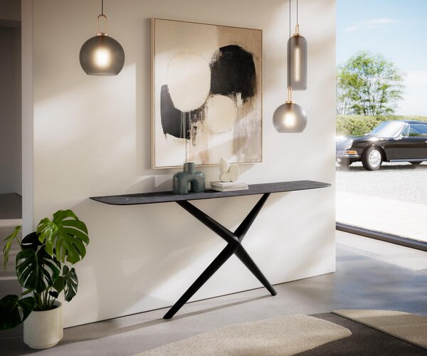 DELIFE Konzolový stolík Edge zaoblený 180×40 cm keramika Laminam® Nero Greco antracit Estelo kov čierna
