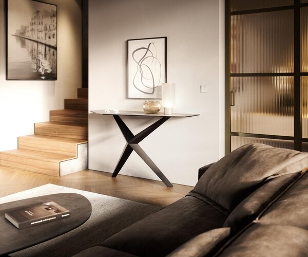 DELIFE Konzolový stolík Edge polygonálny 140×50 cm keramika betónová sivá Zentharo kov čierna
