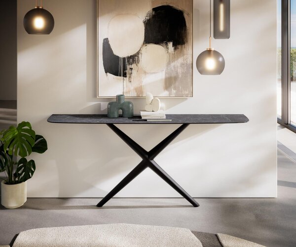 DELIFE Konzolový stolík Edge zaoblený 180×40 cm keramika Laminam® Nero Greco antracit Estelo kov čierna