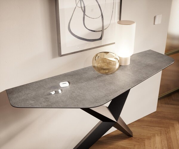DELIFE Konzolový stolík Edge polygonálny 140×50 cm keramika betónová sivá Zentharo kov čierna
