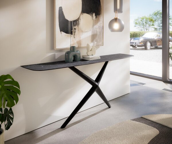 DELIFE Konzolový stolík Edge zaoblený 180×40 cm keramika Laminam® Nero Greco antracit Estelo kov čierna