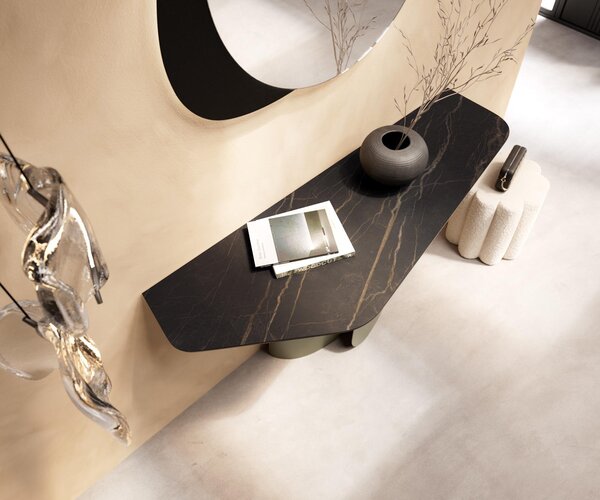 DELIFE Konzolový stolík Edge polygonálny 140×50 cm keramika Laminam® Noir Desir hnedá Livos kov titánová farba