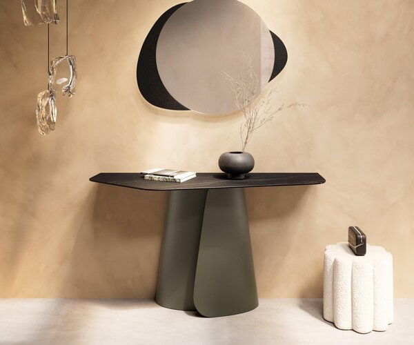DELIFE Konzolový stolík Edge polygonálny 140×50 cm keramika Laminam® Noir Desir hnedá Livos kov titánová farba