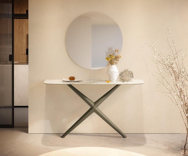 DELIFE Konzolový stolík Edge zaoblený tvar 140×40 cm keramika Calacatta Luxe bielo-zlato-šedá Estelo kov titánová farba
