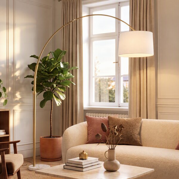 Oblúková lampa mosadz s bielym textilným tienidlom biela 50 cm - XXL