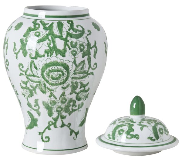 Váza na kvety s vrchnákom biela a zelená porcelánová nádoba s vekom dekoratívny doplnok starožitný vintage dizajn