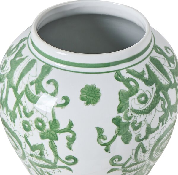 Váza na kvety s vrchnákom biela a zelená porcelánová nádoba s vekom dekoratívny doplnok starožitný vintage dizajn