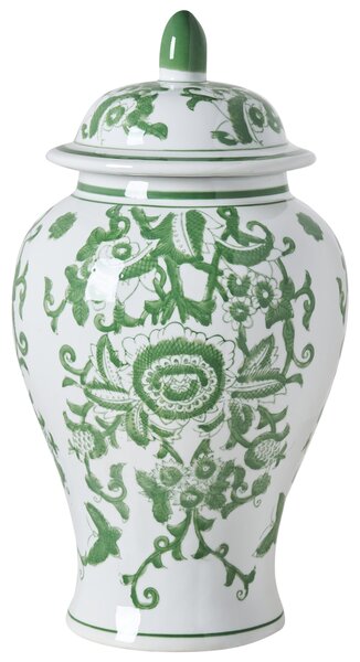 Váza na kvety s vrchnákom biela a zelená porcelánová nádoba s vekom dekoratívny doplnok starožitný vintage dizajn