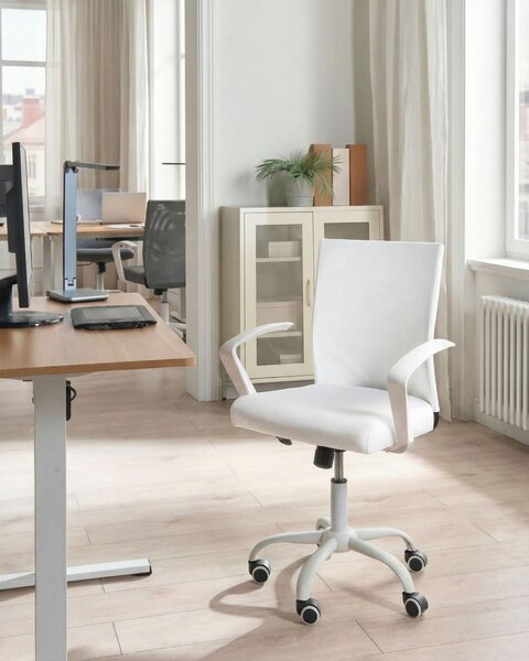 Otočná kancelárska stolička biela látkové čalúnenie nastaviteľná výška a operadlo home office