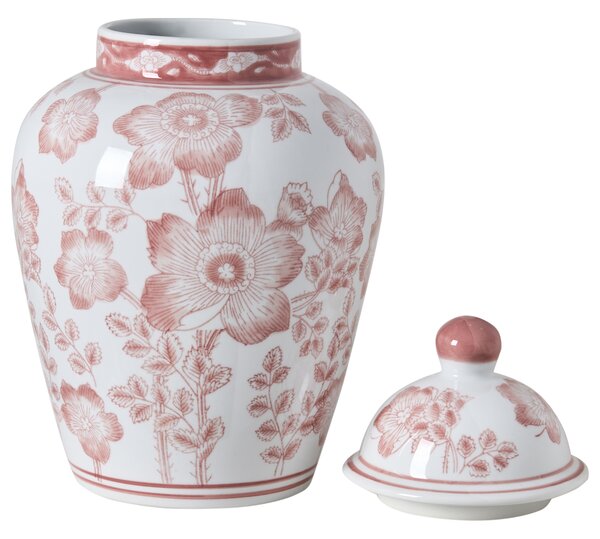 Váza na kvety s vrchnákom biela a červená porcelánová nádoba s vekom dekoratívny doplnok starožitný vintage dizajn