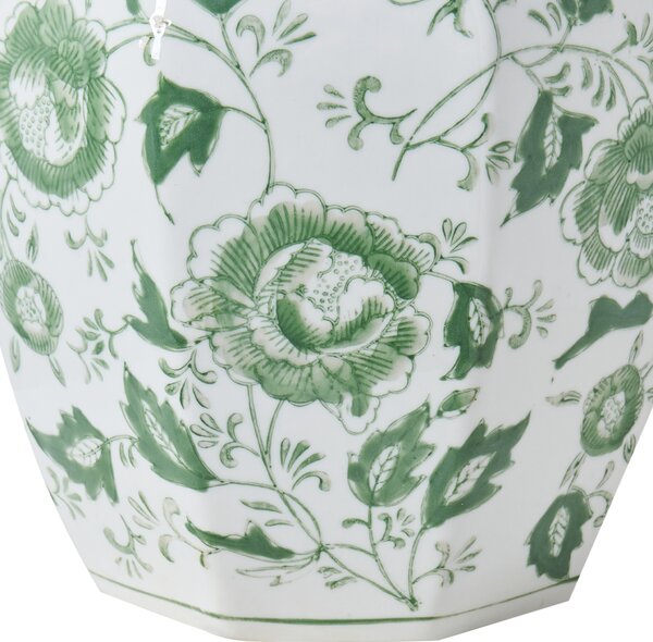 Váza na kvety s vrchnákom biela a zelená porcelánová nádoba s vekom dekoratívny doplnok starožitný vintage dizajn