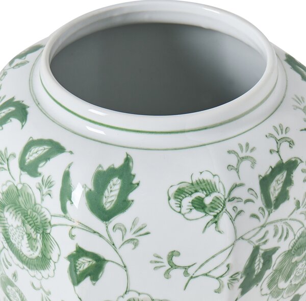 Váza na kvety s vrchnákom biela a zelená porcelánová nádoba s vekom dekoratívny doplnok starožitný vintage dizajn