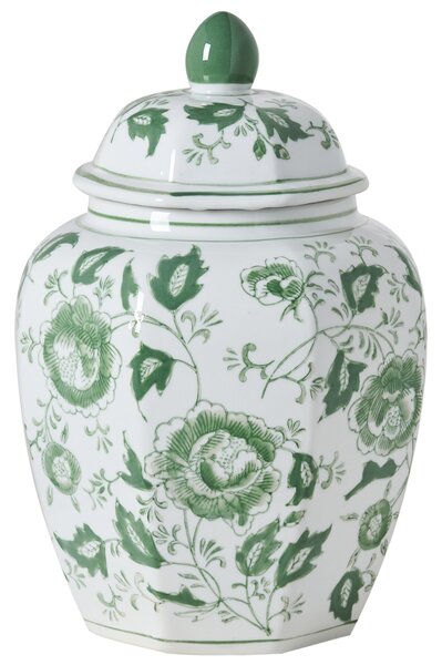 Váza na kvety s vrchnákom biela a zelená porcelánová nádoba s vekom dekoratívny doplnok starožitný vintage dizajn