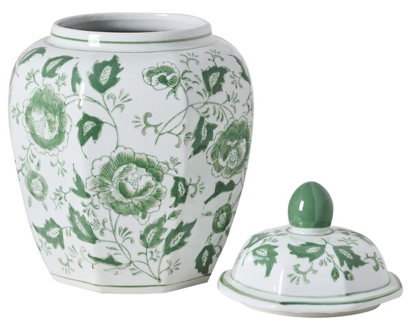 Váza na kvety s vrchnákom biela a zelená porcelánová nádoba s vekom dekoratívny doplnok starožitný vintage dizajn