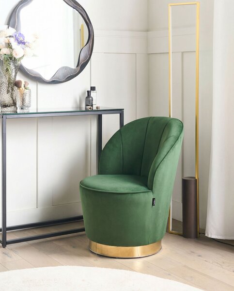 Kreslo zelené okrúhle klubové zamatové zlatý kovový podstavec obývacia izba spálňa retro glamour štý