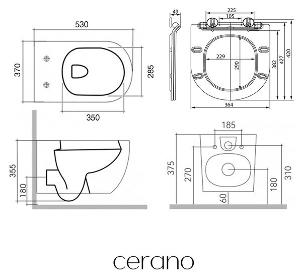 CERANO - Kompletná WC súprava Basic/Felci - biela lesklá - WC tlačidlo Dualo/Strieborná - závesné - nízky modul - predstenová inštalácia - 53x37 cm
