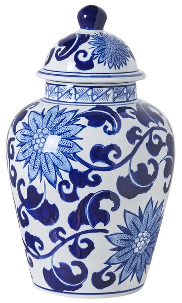 Váza na kvety s vrchnákom biela a modrá porcelánová nádoba s vekom dekoratívny doplnok starožitný vintage dizajn