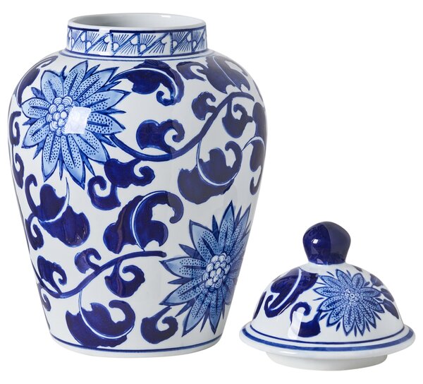 Váza na kvety s vrchnákom biela a modrá porcelánová nádoba s vekom dekoratívny doplnok starožitný vintage dizajn