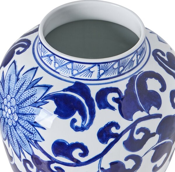 Váza na kvety s vrchnákom biela a modrá porcelánová nádoba s vekom dekoratívny doplnok starožitný vintage dizajn