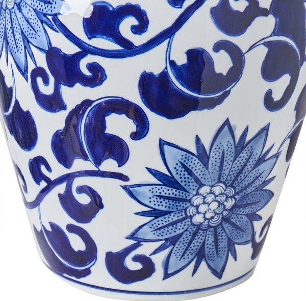 Váza na kvety s vrchnákom biela a modrá porcelánová nádoba s vekom dekoratívny doplnok starožitný vintage dizajn