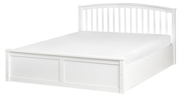 Posteľ biela borovicové drevo 160 x 200 cm s čelom lamelový rošt úložný priestor minimalistický škandinávsky štýl spálňa