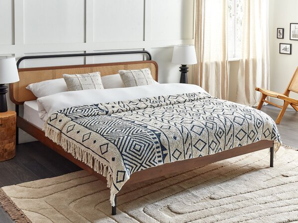 Deka béžová a námornícka modrá bavlnená geometrický vzor 200 x 220 cm prikrývka na posteľ tradičná obývačka spálňa