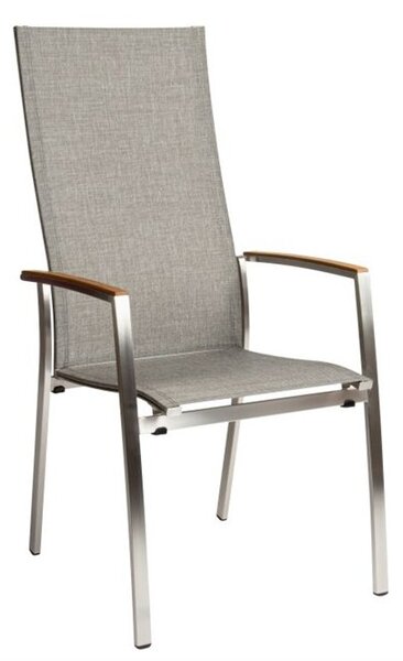 Stern Stohovateľné jedálenské kreslo s vysokou opierkou Mika, Canvas, 56x67x110 cm,4 rám4 nerezová oceľ, výplet textilen linen grey, teakové podrúčky