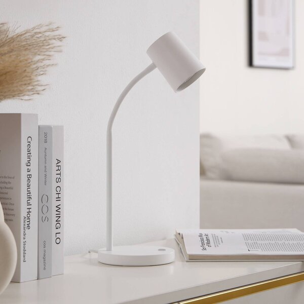 Stolná lampa Lindby Radka, biela, plast, GU10, ohybné rameno, Biela / opálová, Pracovňa / Kancelária, Plast, Moderný, Stojacie svietidlo