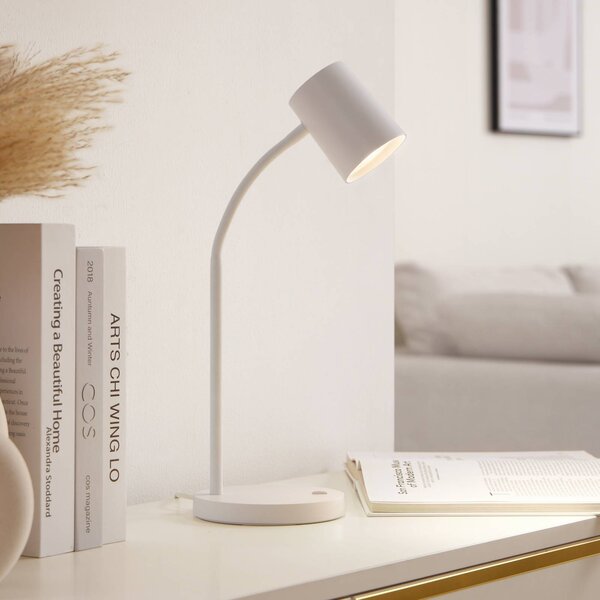 Stolná lampa Lindby Radka, biela, plast, GU10, ohybné rameno, Biela / opálová, Pracovňa / Kancelária, Plast, Moderný, Stojacie svietidlo