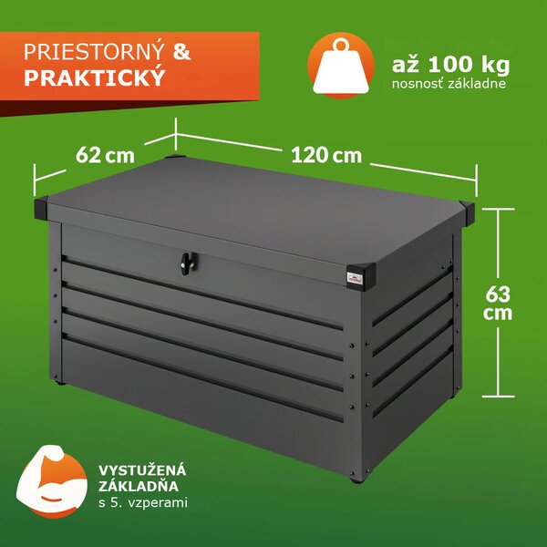 Kovový úložný box METALBOX, 385L, 120x62x63cm, antracitová Gardebruk